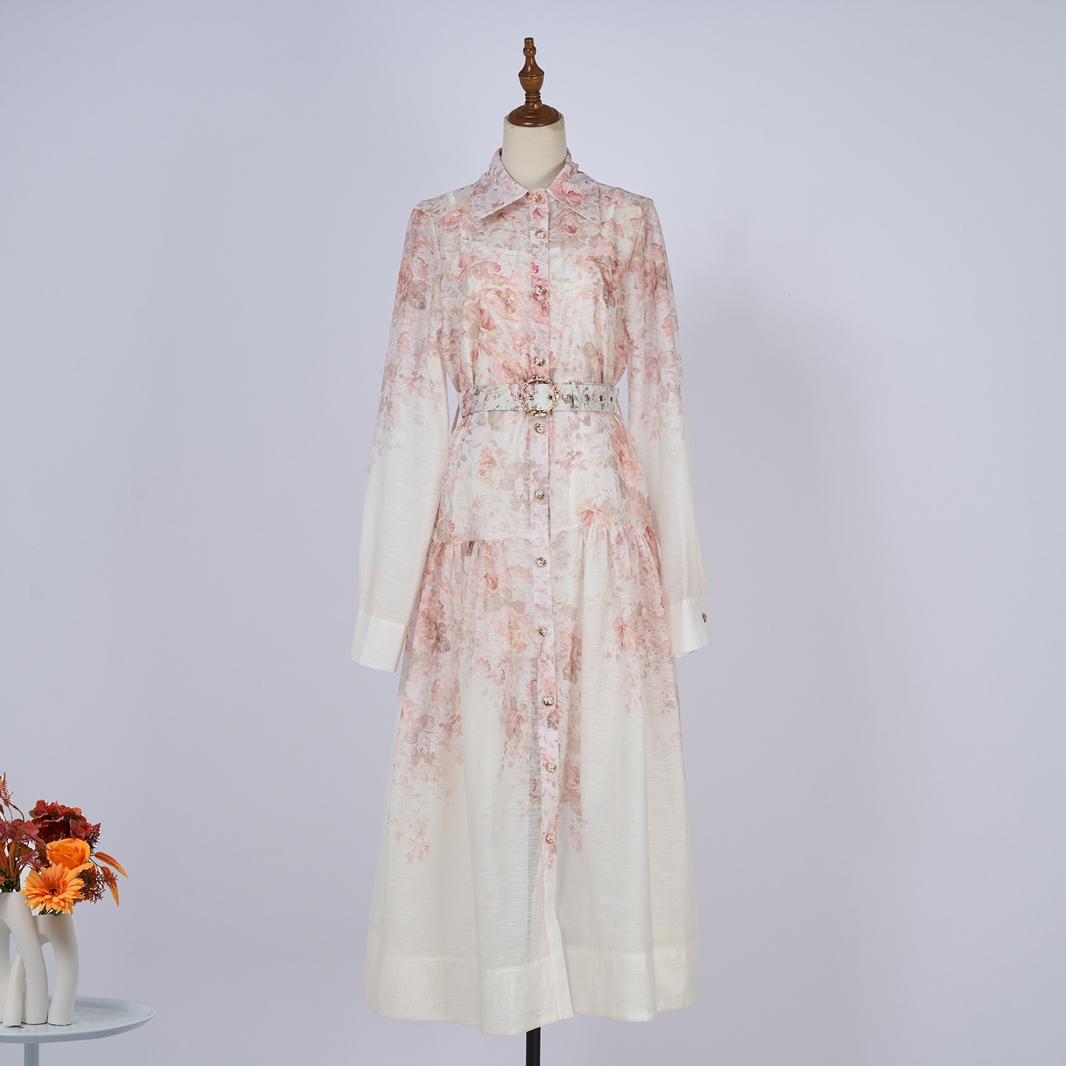 Real shot spot 2025 spring/summer European and American women's lapel long sleeved waist belt single breasted positioning printed dress
