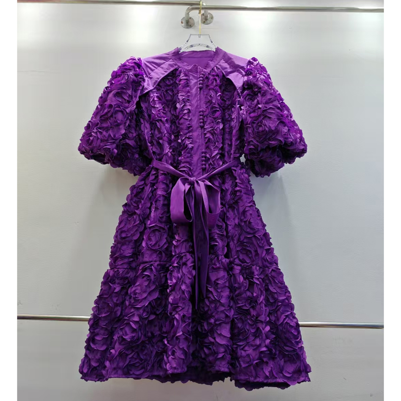 Palace style dress 2025 summer round neck lantern sleeve short sleeved single breasted high-end three-dimensional flower princess dress