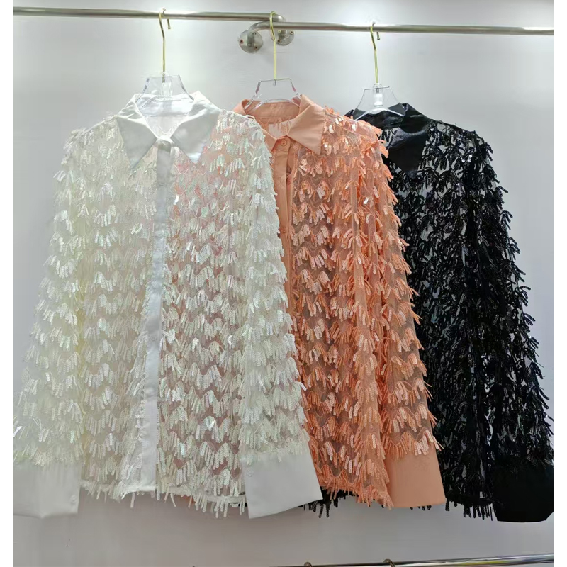 French style design new shirt, women's heavy industry sequin tassel loose sun protection jacket