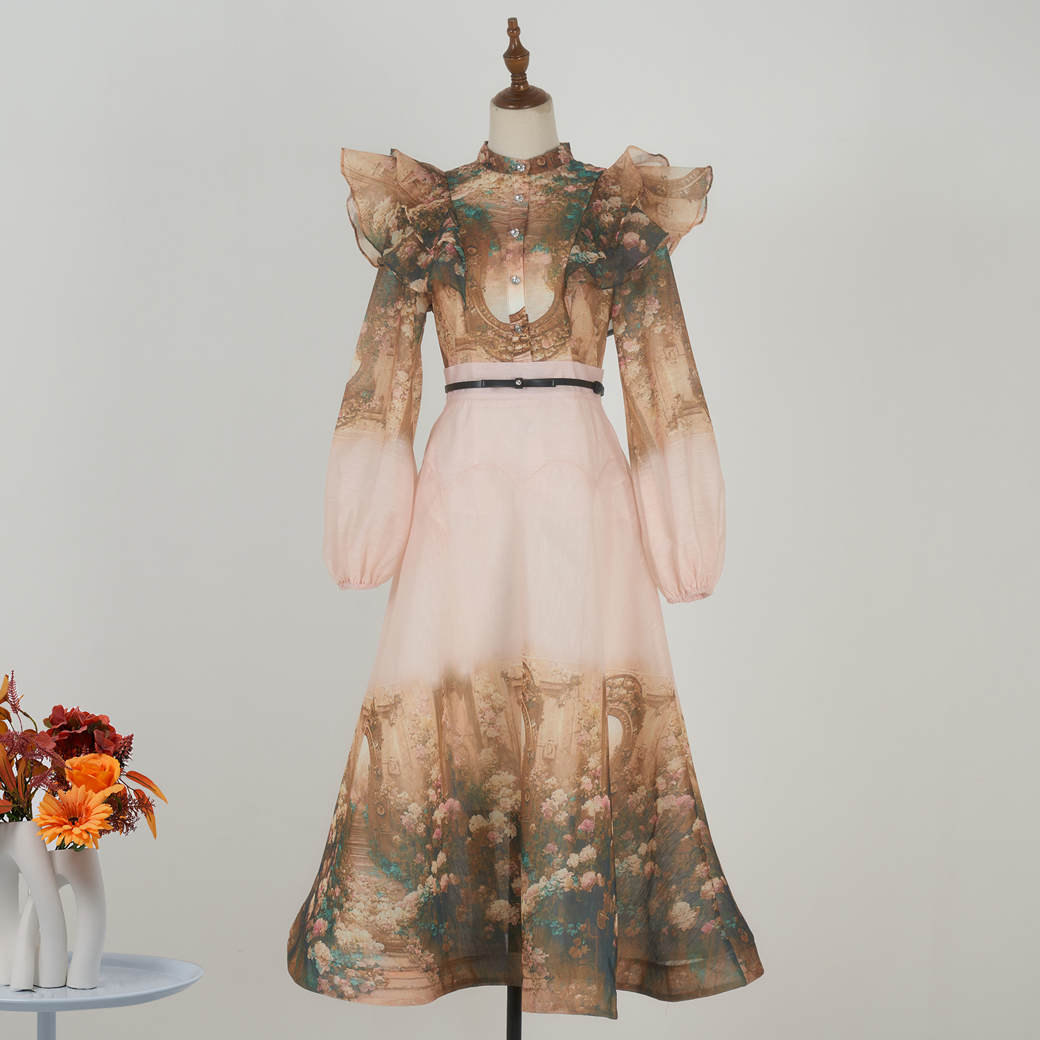 Real time spot luxury high-end customized vacation new print color lantern sleeve top shirt half body fluffy skirt set