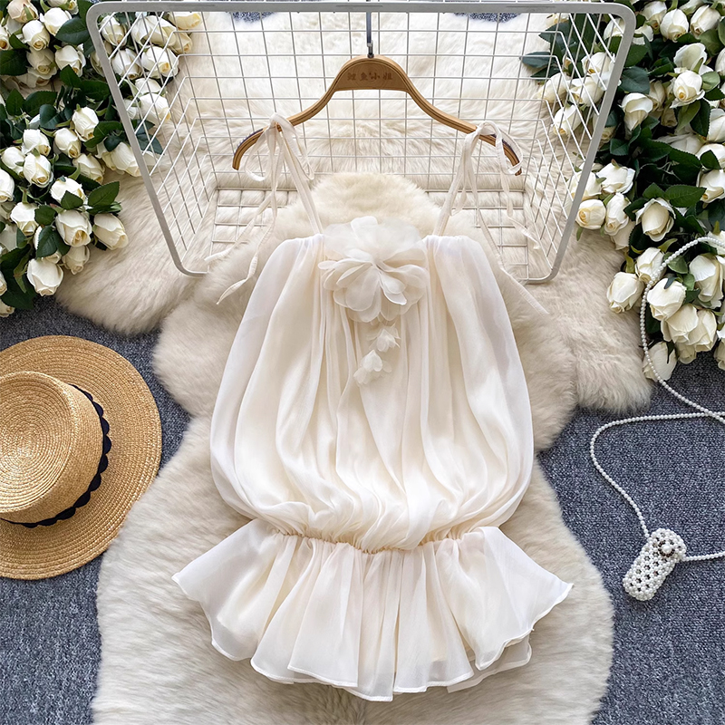 Fairy Top 2025 Summer Dress Atmosphere Three Dimensional Flower Strap Waist with Folding Waist and Lotus Leaf Hemp Chiffon Sweater Vacation Tank Top