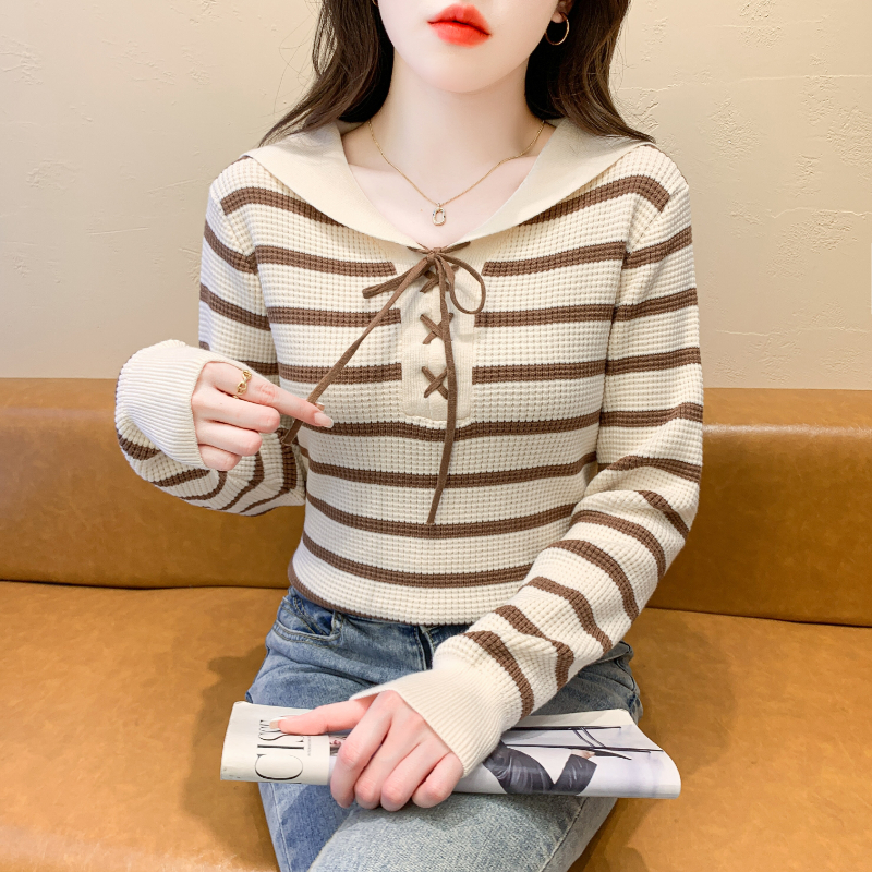 Striped lace up navy neck sweater 2024 new autumn and winter fashion base sweater college style anti-aging and western-style pullover