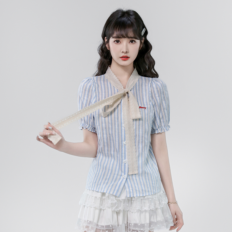 2025 Summer French style lace bow bubble sleeve striped design, niche shirt top for women