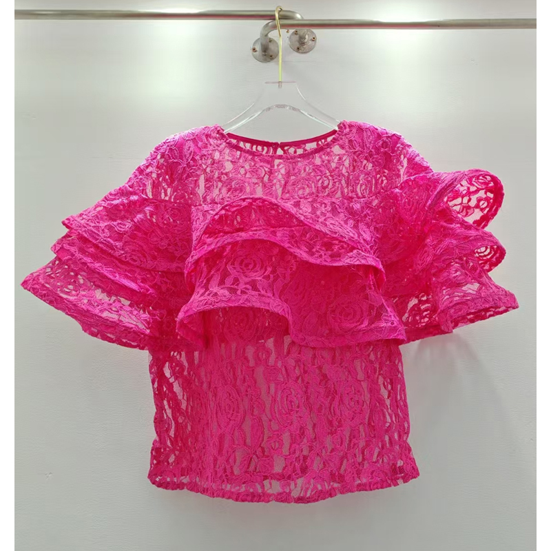 European high-end 2025 summer new style ruffled long sleeved round neck lace top with black fungus edge splicing for women