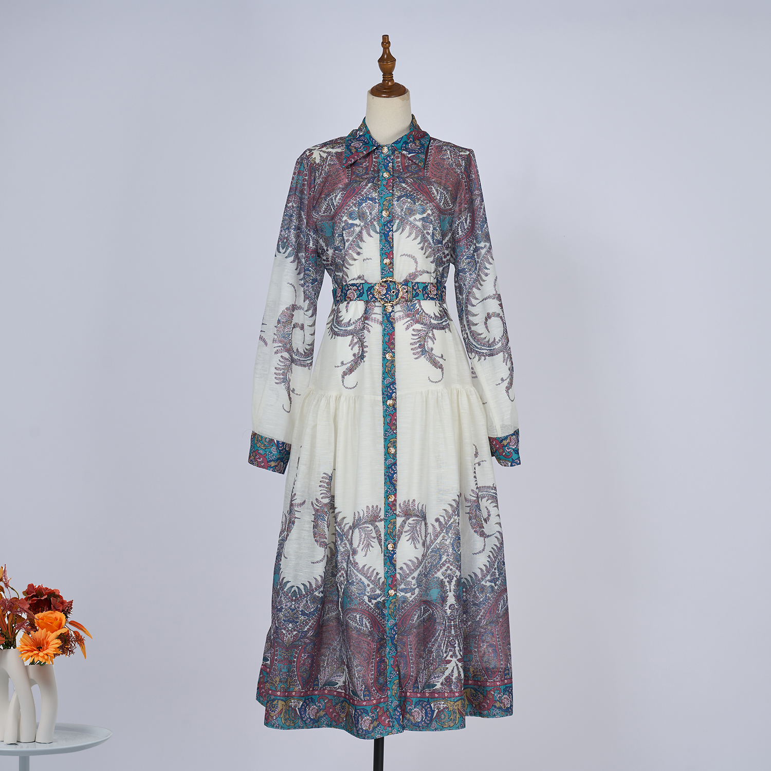 Real shot spot 2025 spring/summer European and American women's lapel long sleeved waist belt single breasted positioning printed dress