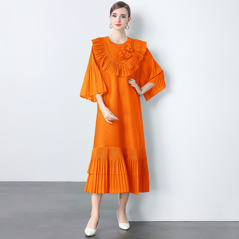 Sanzhai 2025 new lotus leaf edge three-dimensional flower nail bead loose oversized pleated heavy industry European and American cross-border dress