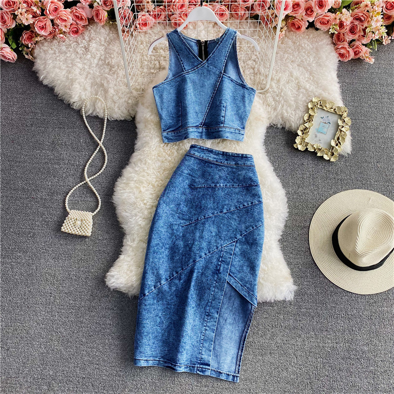 Spring new slim zipper short denim tank top two-piece set irregular slit hip hugging skirt