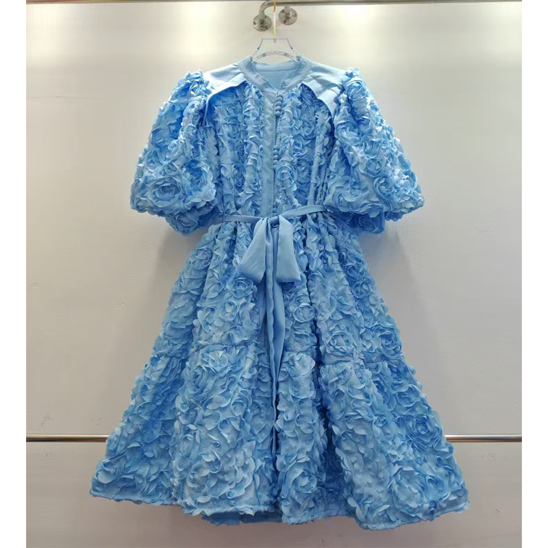 Palace style dress 2025 summer round neck lantern sleeve short sleeved single breasted high-end three-dimensional flower princess dress