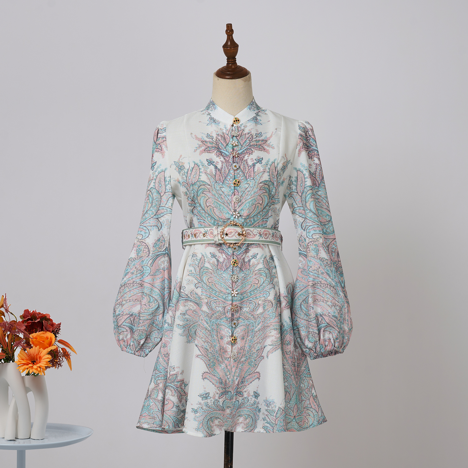 Real time spot European and American style design, single breasted lantern, long sleeved retro printed large swing skirt, elegant dress