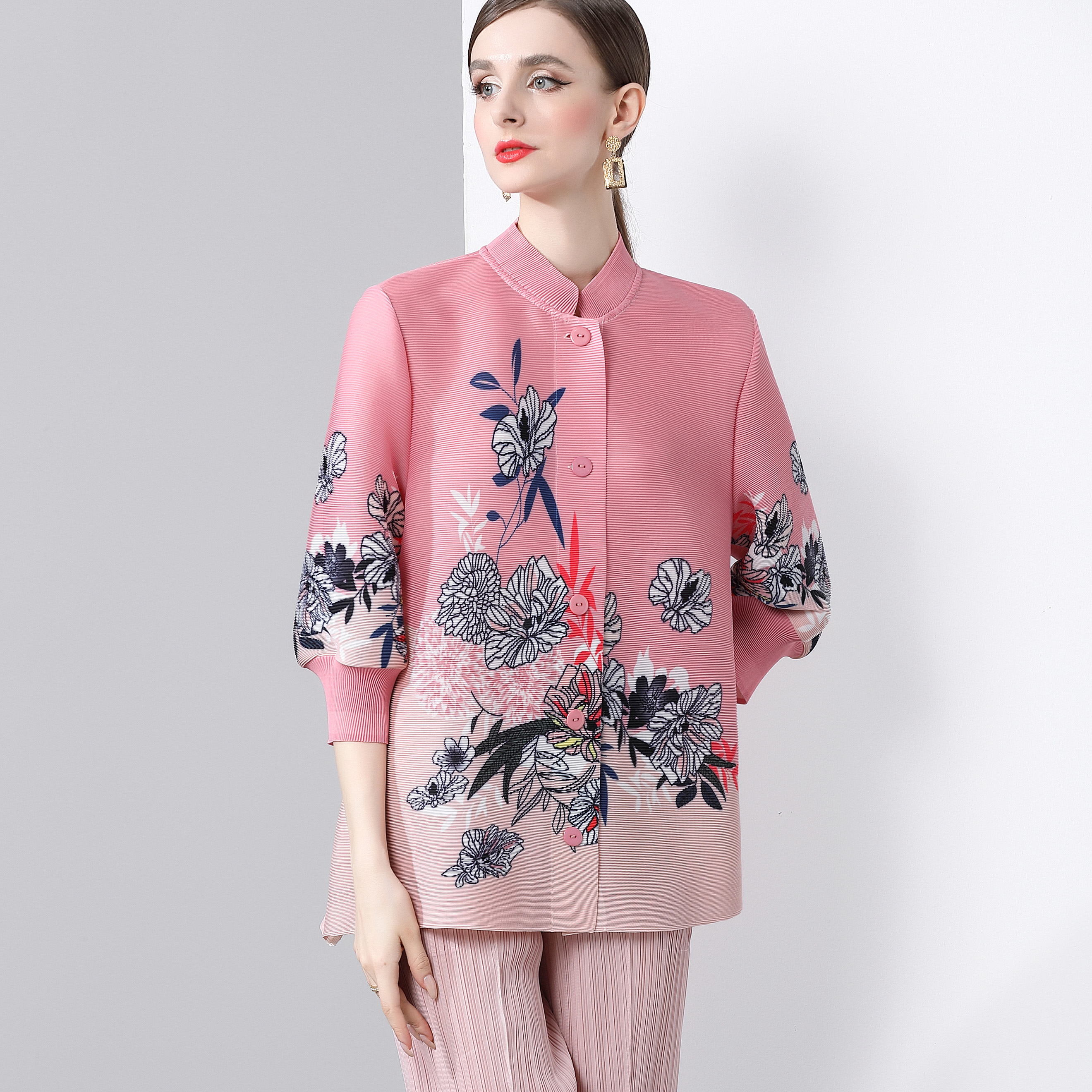 Miyake National Style Folding 2025 New Summer Style Printed Top Coat Lantern Sleeve Women's Large Size Women's Wear MM