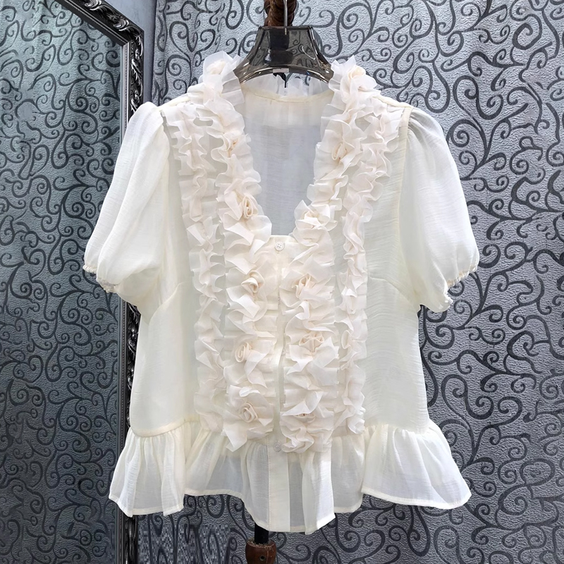 European style light luxury petite bourgeoisie V-neck lotus leaf plate flower lotus leaf arrangement bubble sleeve top for women