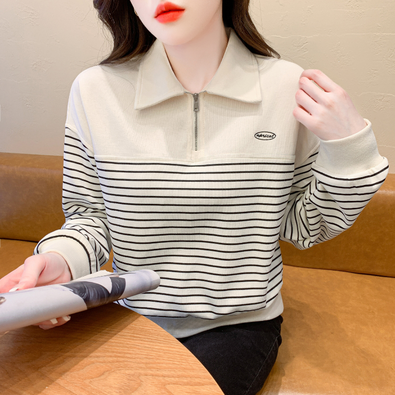 Color blocking striped Polo collar sweatshirt for women in spring and autumn 2024 new Korean version fashionable loose top jacket