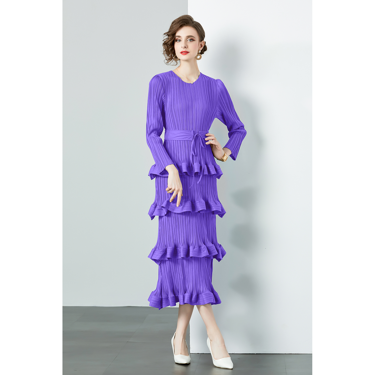 Miyake Autumn's new high-end light luxury niche ruffle edge pleated cake skirt, heavy-duty pleated slim fit long dress