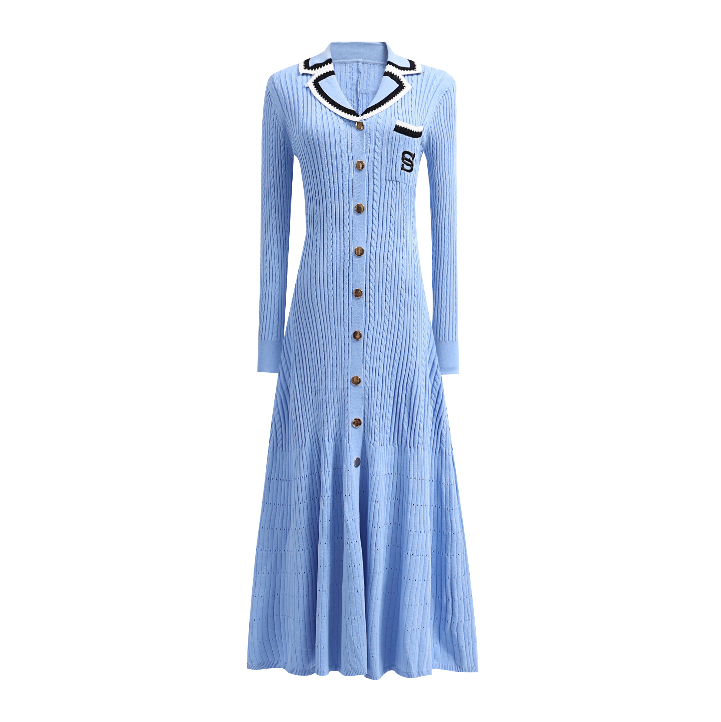 French style long skirt with contrasting colors, double S embroidery POLO collar, short sleeved knitted dress, waist cinching and slimming fishtail skirt