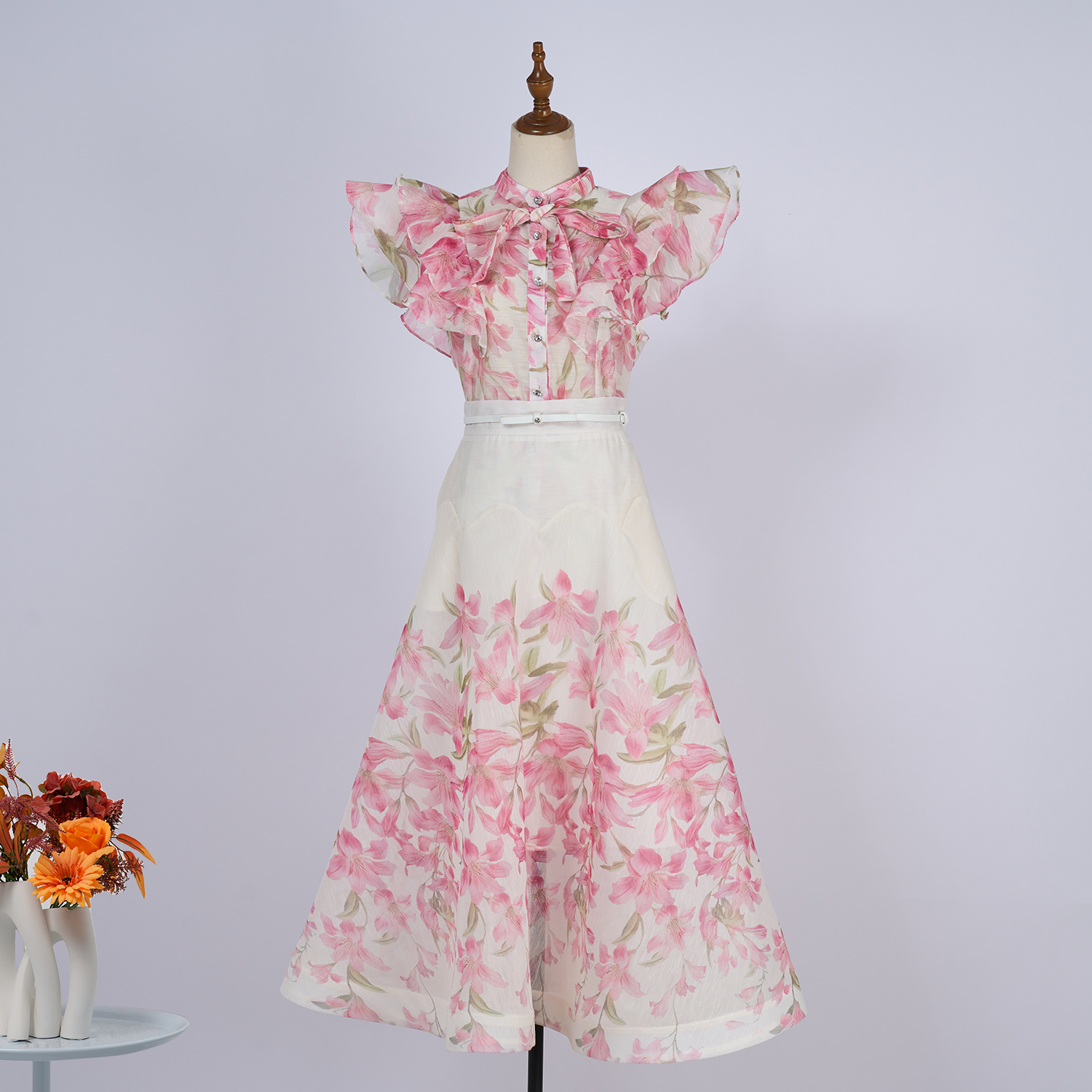 Real time spot Australian new palace style stand up collar with ruffled edges and diamond buttons, sleeveless wide swing dress set in 7 colors