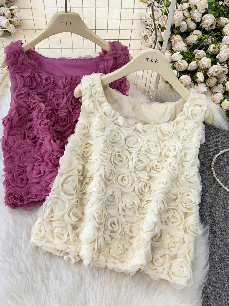 French sweet three-dimensional rose slim fitting camisole vest for women in summer, new niche retro vacation top