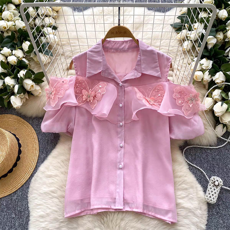 French retro Polo collar shirt for women in summer, off shoulder, three-dimensional butterfly ruffle edge design, elegant and trendy top for ladies