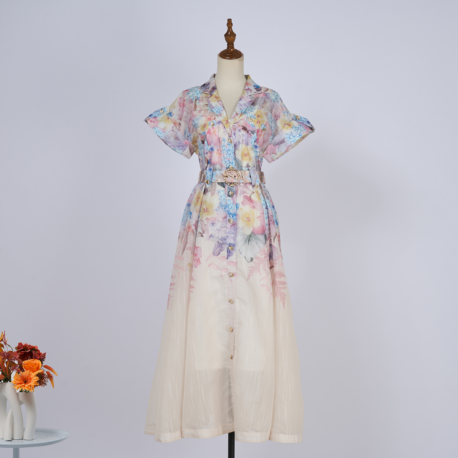 Real shooting spot 2025 Australian light luxury new style color splicing button street A-line skirt silk and linen two-piece dress set