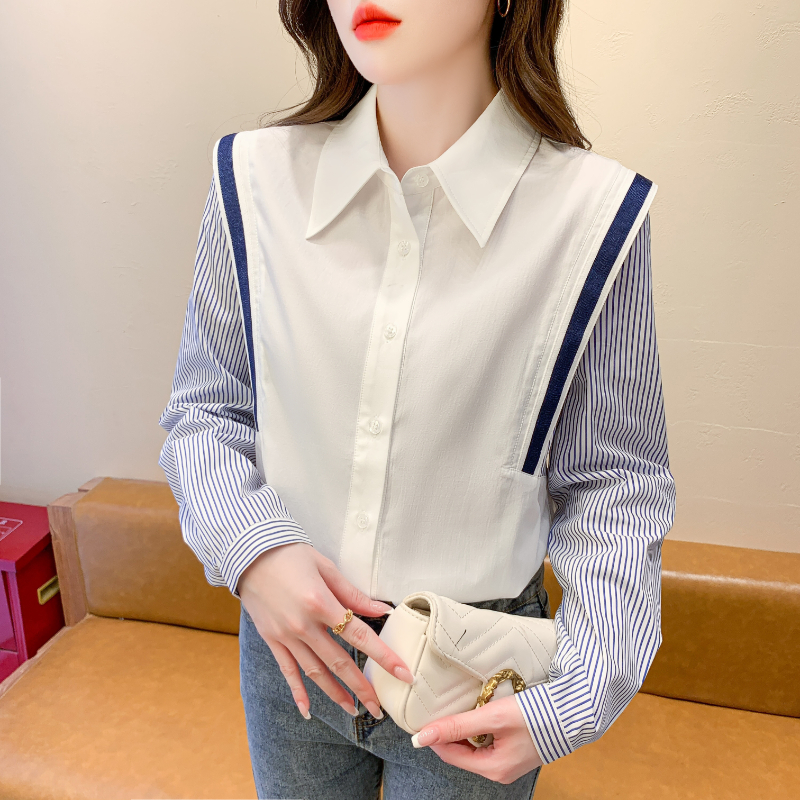 Fashionable long sleeved shirt for autumn 2024, women's simple collared loose and slimming commuting top