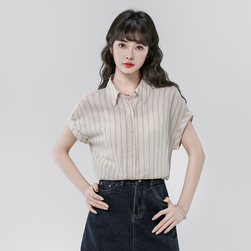 Old Money Style Linen Stripe Fashion Short Sleeve Shirt for Women 2025 Summer New Casual Top