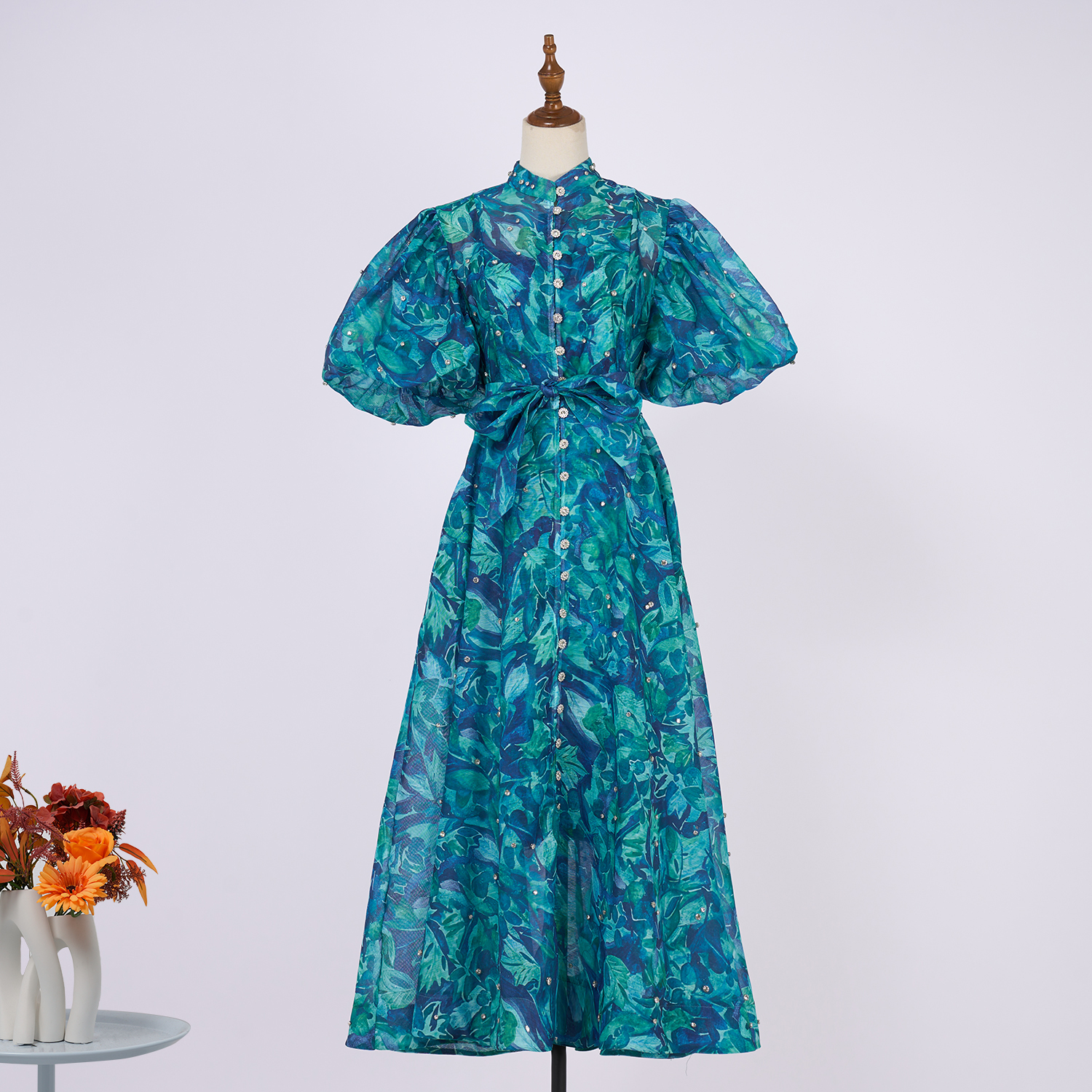 Real time spot palace style fashion show 17 color design sense, heavy industry nail drill short sleeved single breasted jumpsuit long skirt+suspender
