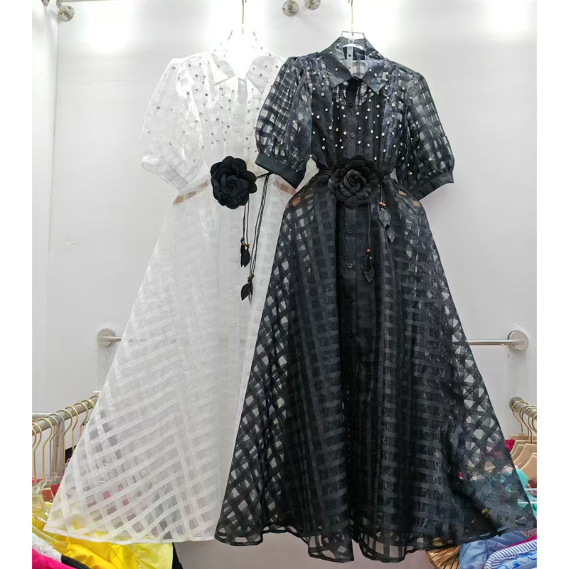 European and American style elegant stand up collar single breasted heavy weight swing long dress with belt women's dress