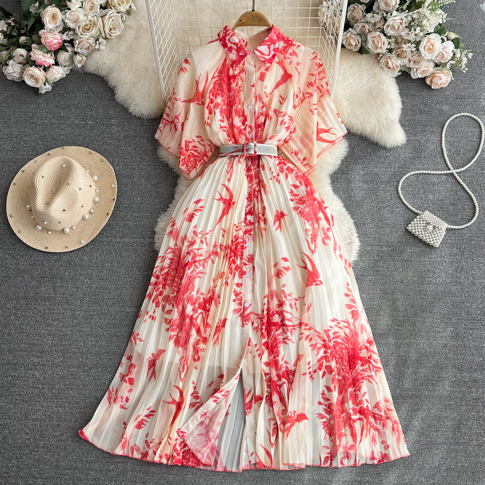 Light mature style retro temperament short sleeved lapel cinched waist slimming single breasted A-line printed pleated shirt dress summer