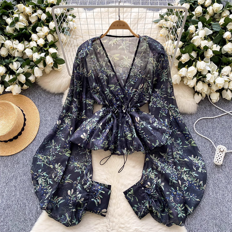 European fashion top with female design sense, drawstring waist, V-neck, lantern sleeves, lotus leaf hem, thin mesh shirt for women