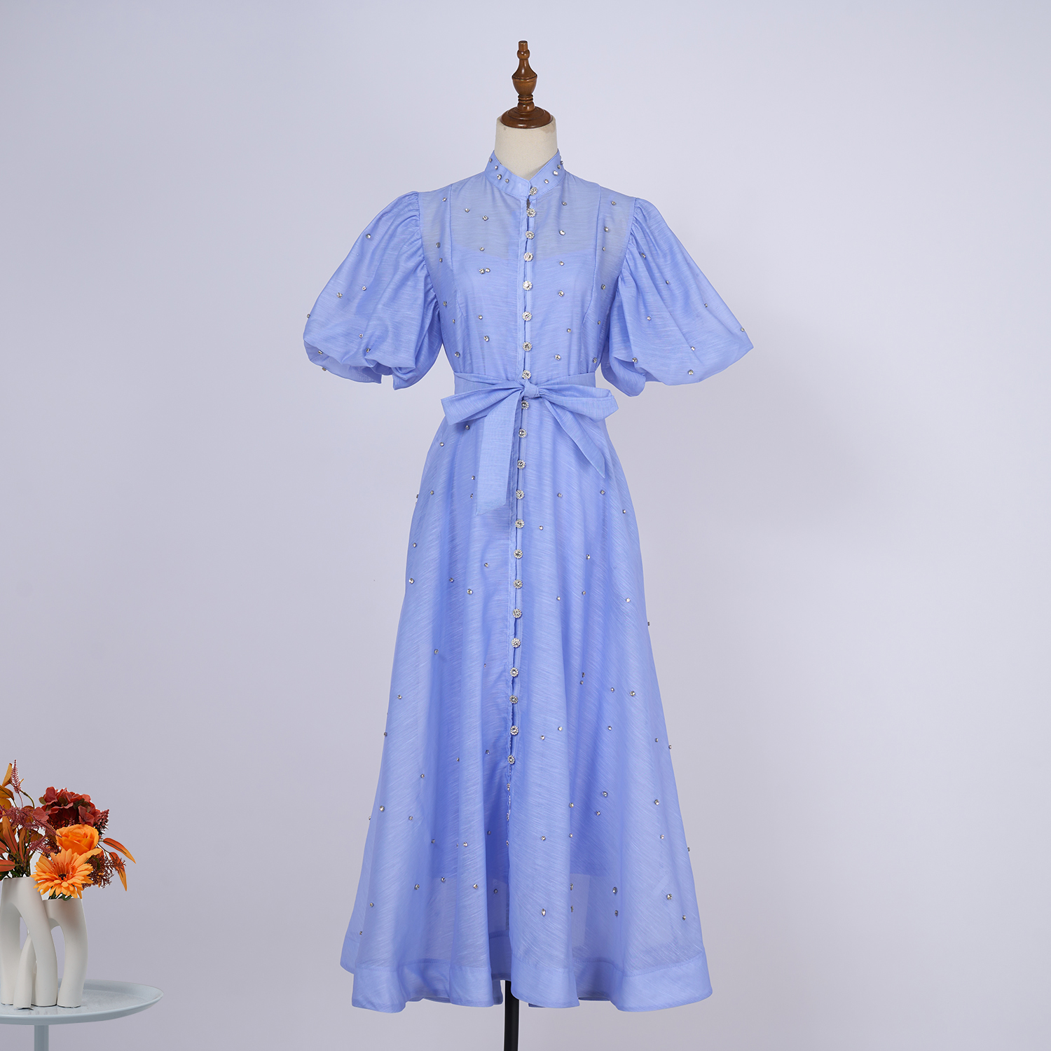 Real time spot palace style fashion show 26 color design sense, heavy industry nail drill short sleeved single breasted jumpsuit long skirt+suspender