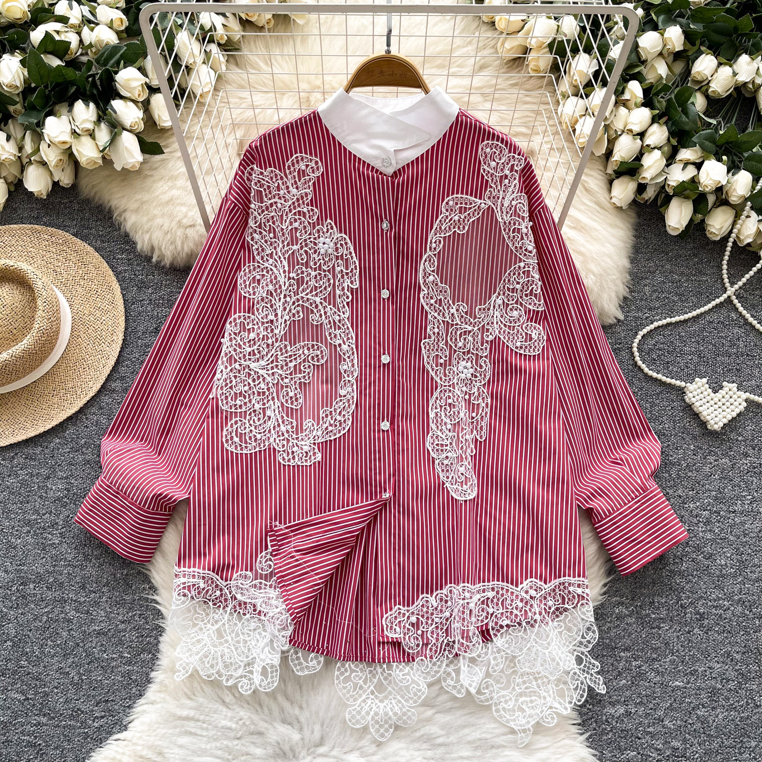 Spring Day Shirt Women's 2025 New Korean Fashion Nail Bead Lace Splicing Loose Striped Cardigan Top Women's Shirt