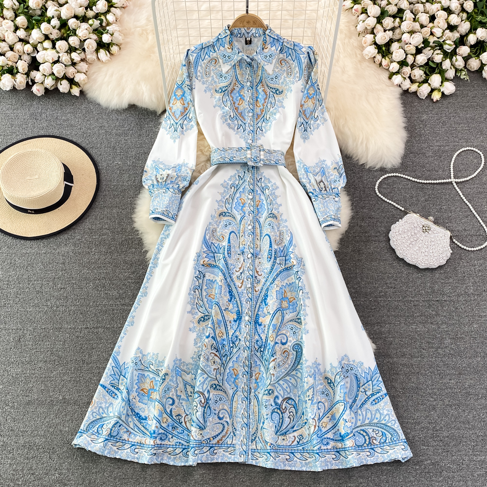 High end retro palace style celadon print waist cinching slimming single breasted A-line dress elegant large swing long skirt