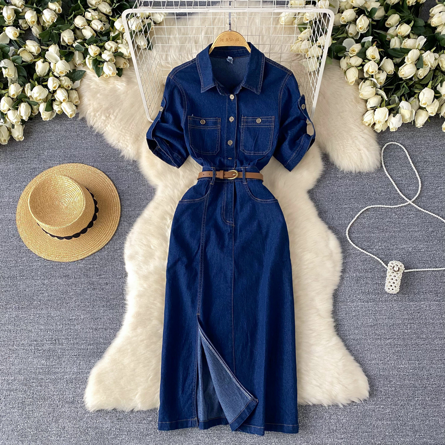 Light luxury socialite style Polo collar denim dress with women's summer slit waistband design, niche temperament long skirt