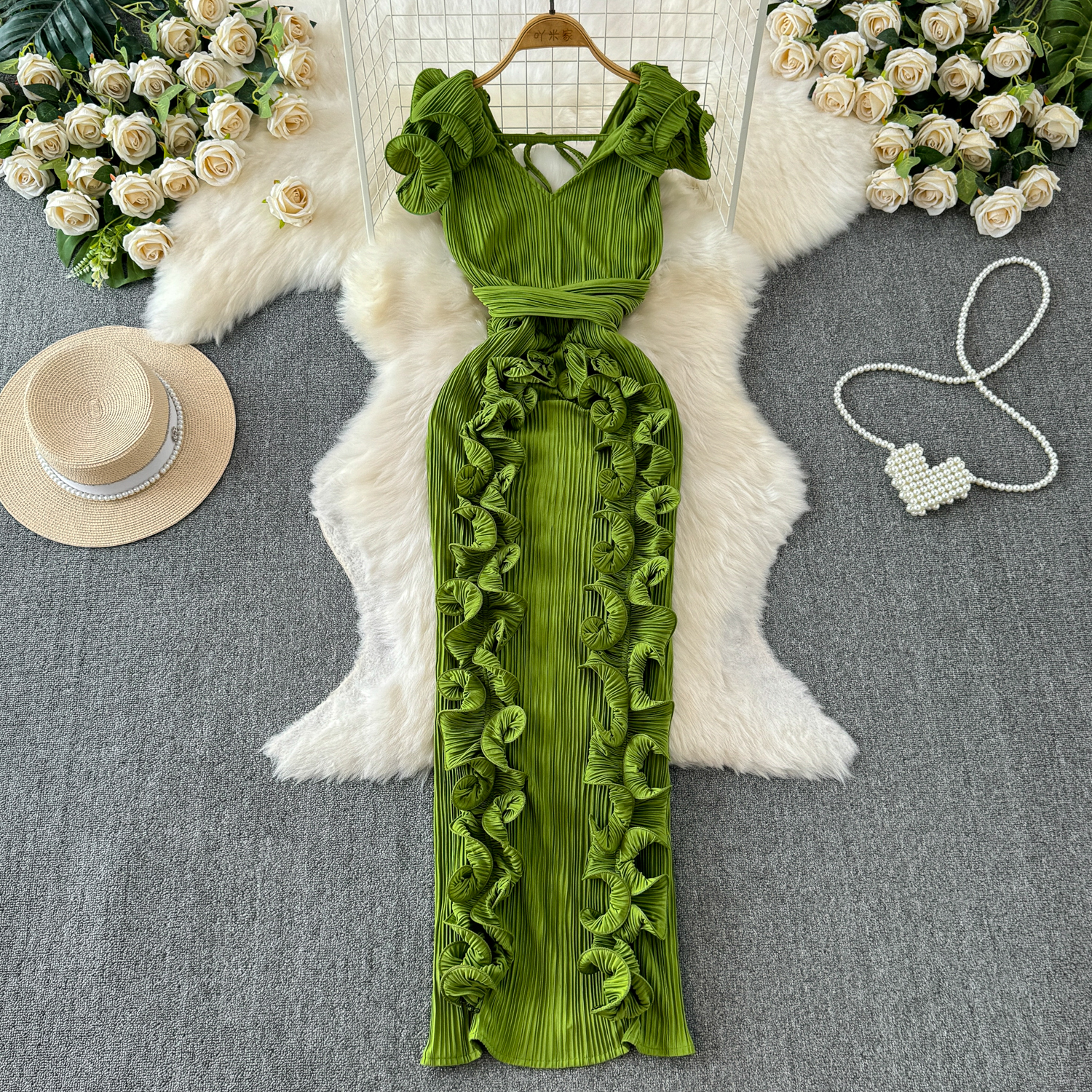 Banquet style dress, light luxury, niche, pleated, three-dimensional ruffle edge, slim fit, long style dress for women