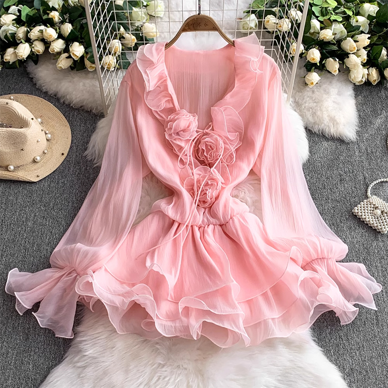 French gentle wind lotus leaf edge V-neck dress for women 2025 new summer slim fit and slimming temperament princess short skirt