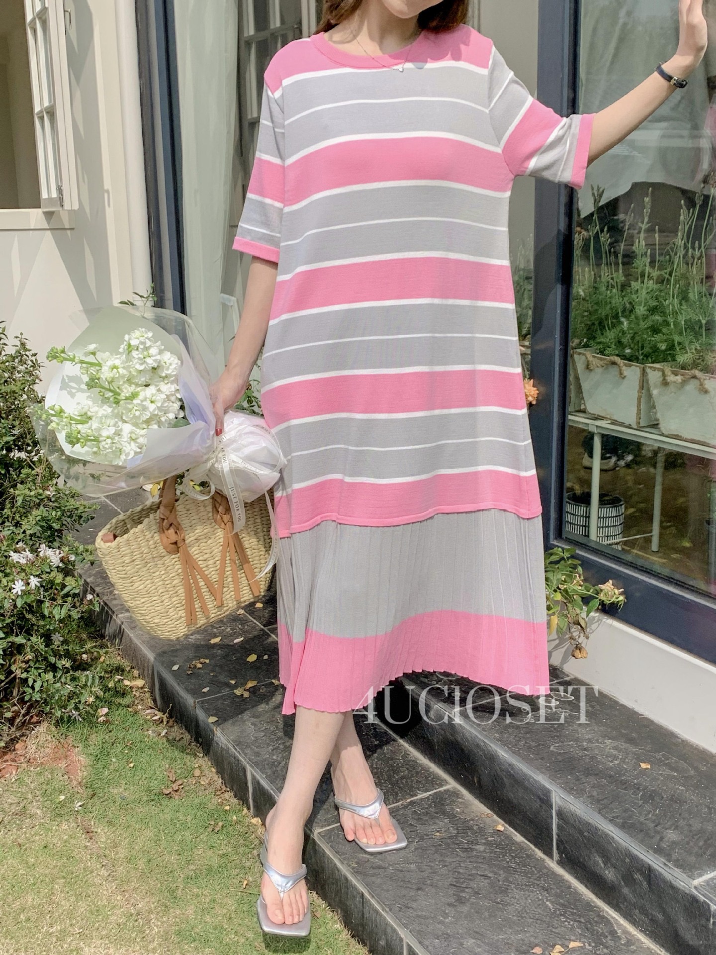 Korean casual round neck color blocked striped loose short sleeved long dress for daily commuting and women's summer wear