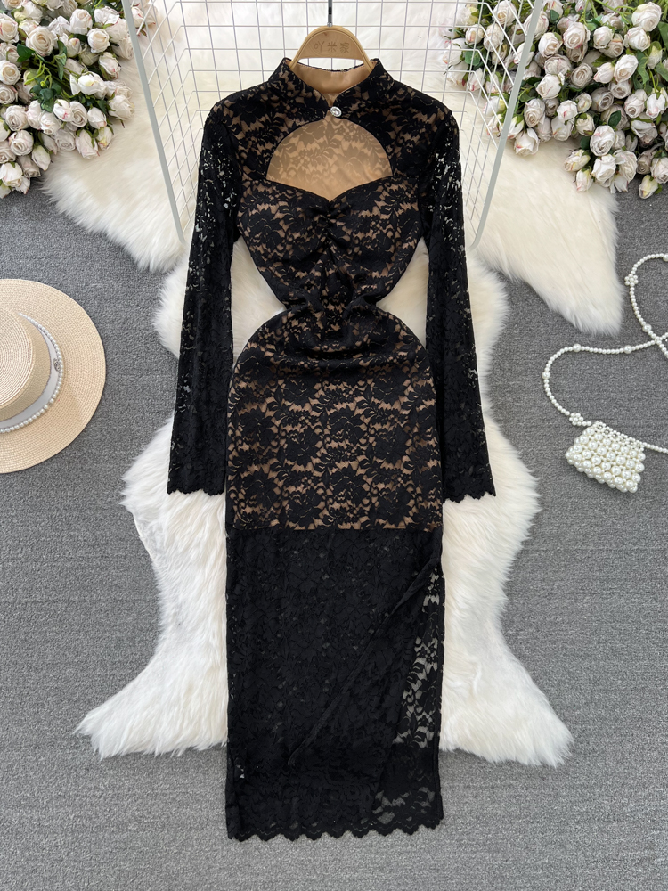Fashionable and luxurious temperament long sleeved stand up collar hollow waist slimming mid length slit hip hugging lace dress