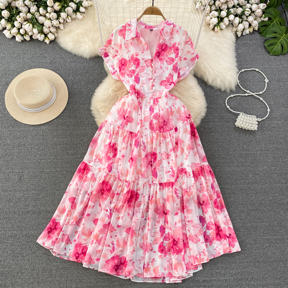 Gentle style floral long skirt French retro temperament short sleeved collar cinched waist slimming A-line floral dress summer