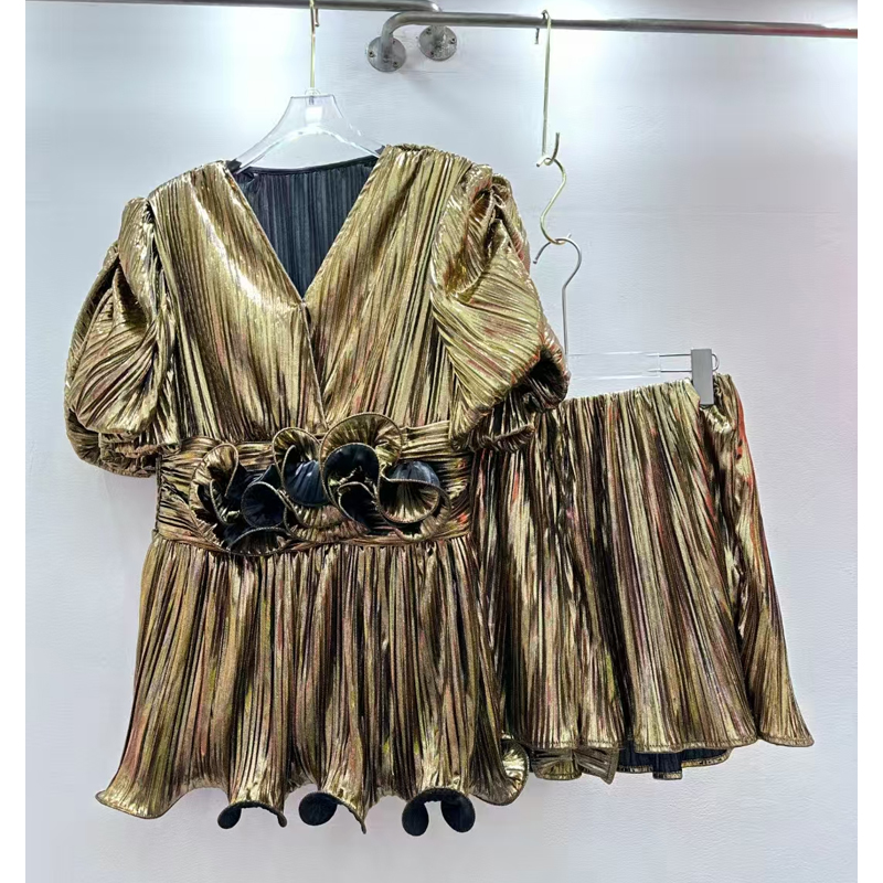 European style new high-end light luxury women's clothing V-neck waist cinched top slim fit hip hugging half skirt two-piece set skirt summer