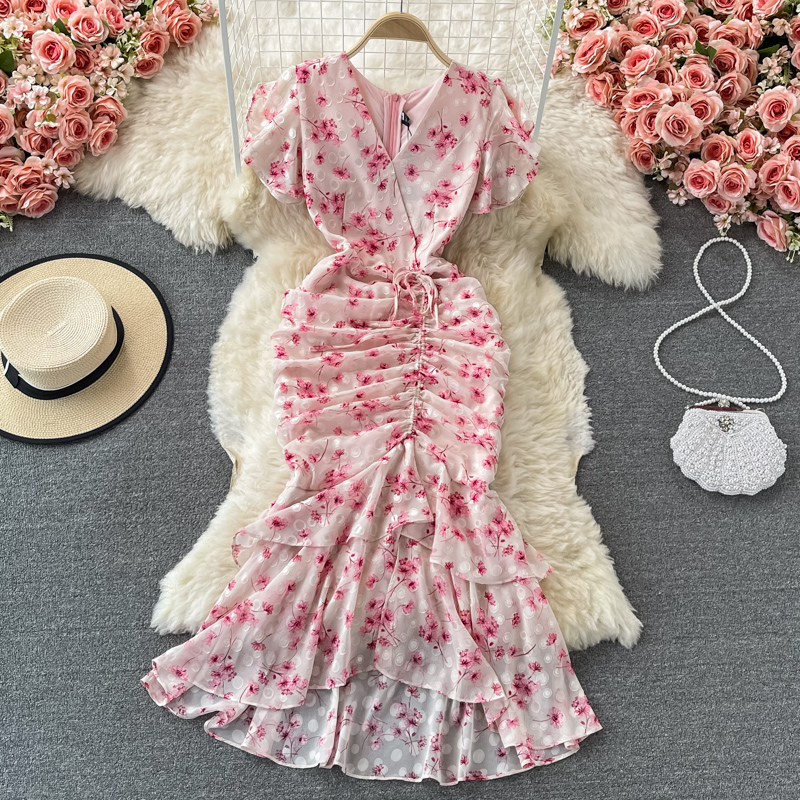 Summer French retro gentle wind lotus leaf edge V-neck fish tail wrapped hip chiffon floral dress fashion dress