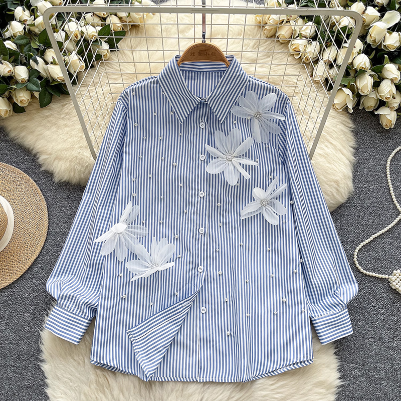 Light luxury fashionable heavy industry nail bead three-dimensional flower long sleeved striped shirt women's loose and versatile casual shirt women's top
