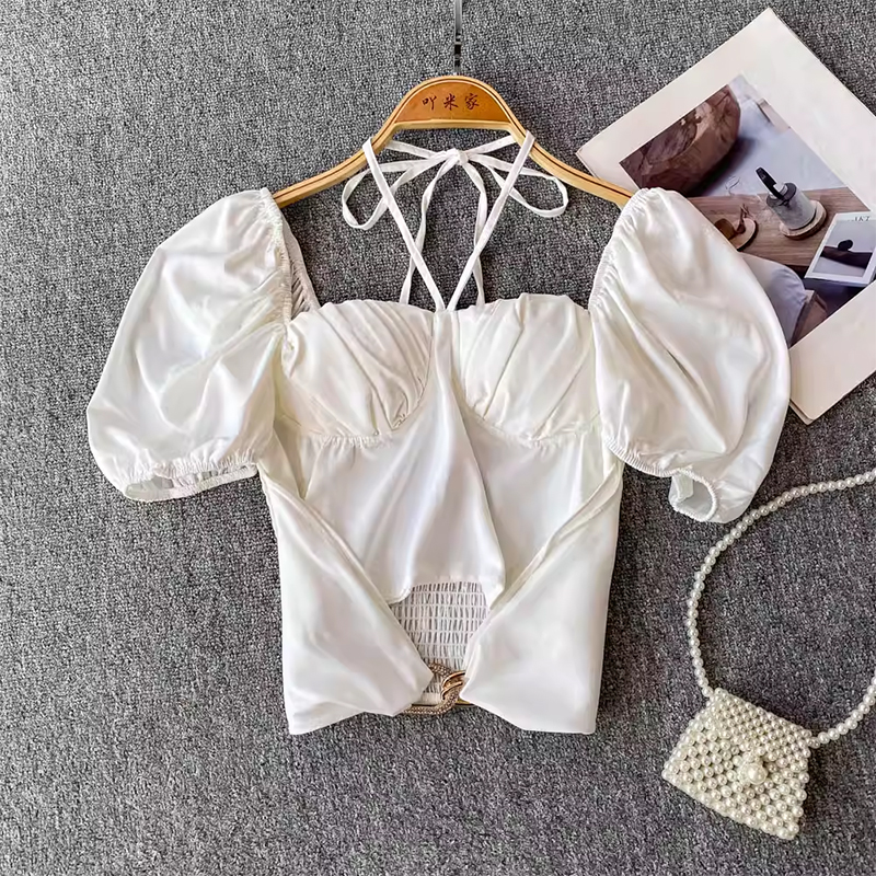 European and American hot girl sexy exposed navel short style square neck bubble sleeve shirt for women's summer new style buckle slim fit and slimming top
