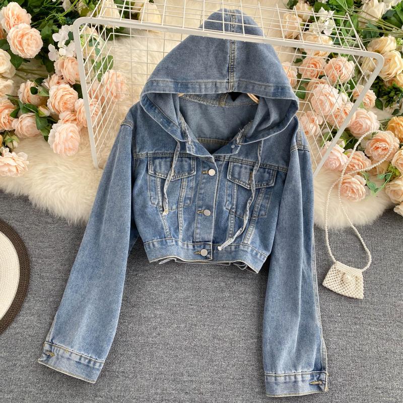 Chic Hong Kong style anti-aging hooded cardigan autumn outfit new women's casual versatile retro denim jacket women's short top