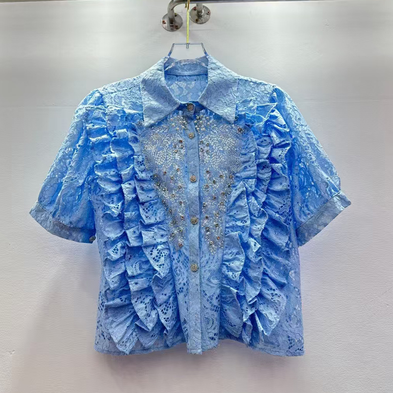 Fashionable and sweet layered ruffle edge splicing single breasted loose and versatile temperament slightly transparent organza shirt