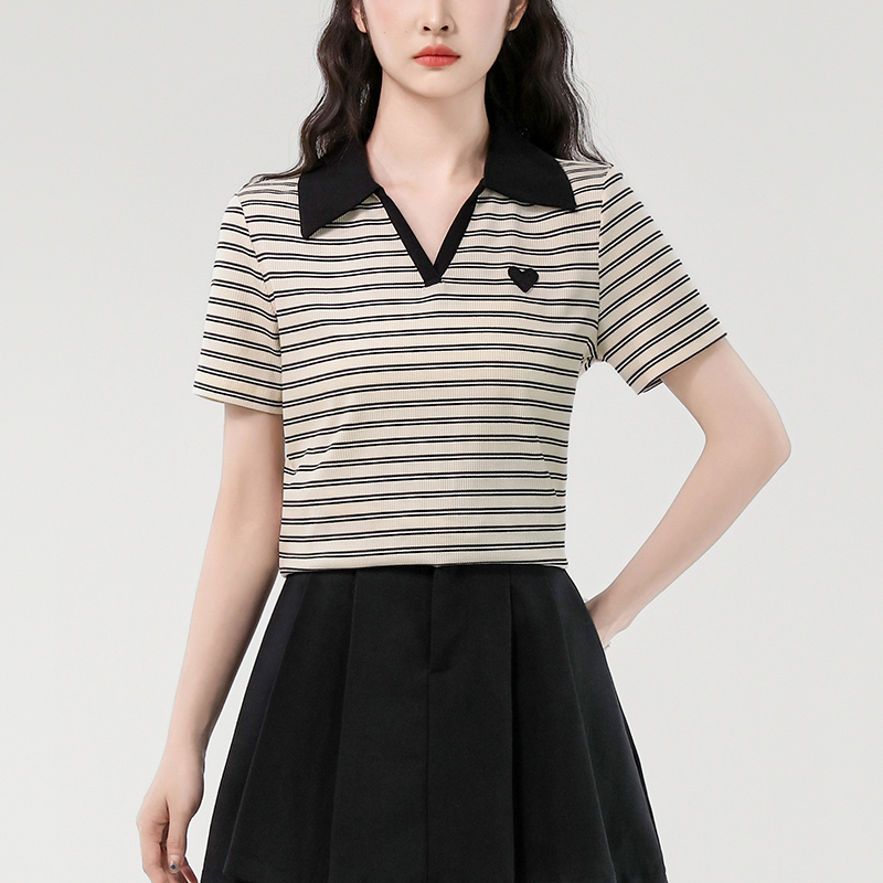 Color blocking striped polo collar T-shirt short sleeved women's 2025 summer new loose casual shoulder top