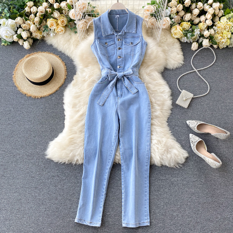 Hong Kong style Instagram women's clothing Korean version retro buckle tie waist slimming straight leg wide leg pants denim jumpsuit women's summer