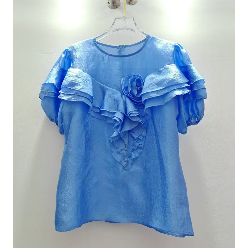 2025 summer new women's clothing French gentle temperament three-dimensional flower round neck bubble short sleeved shirt top