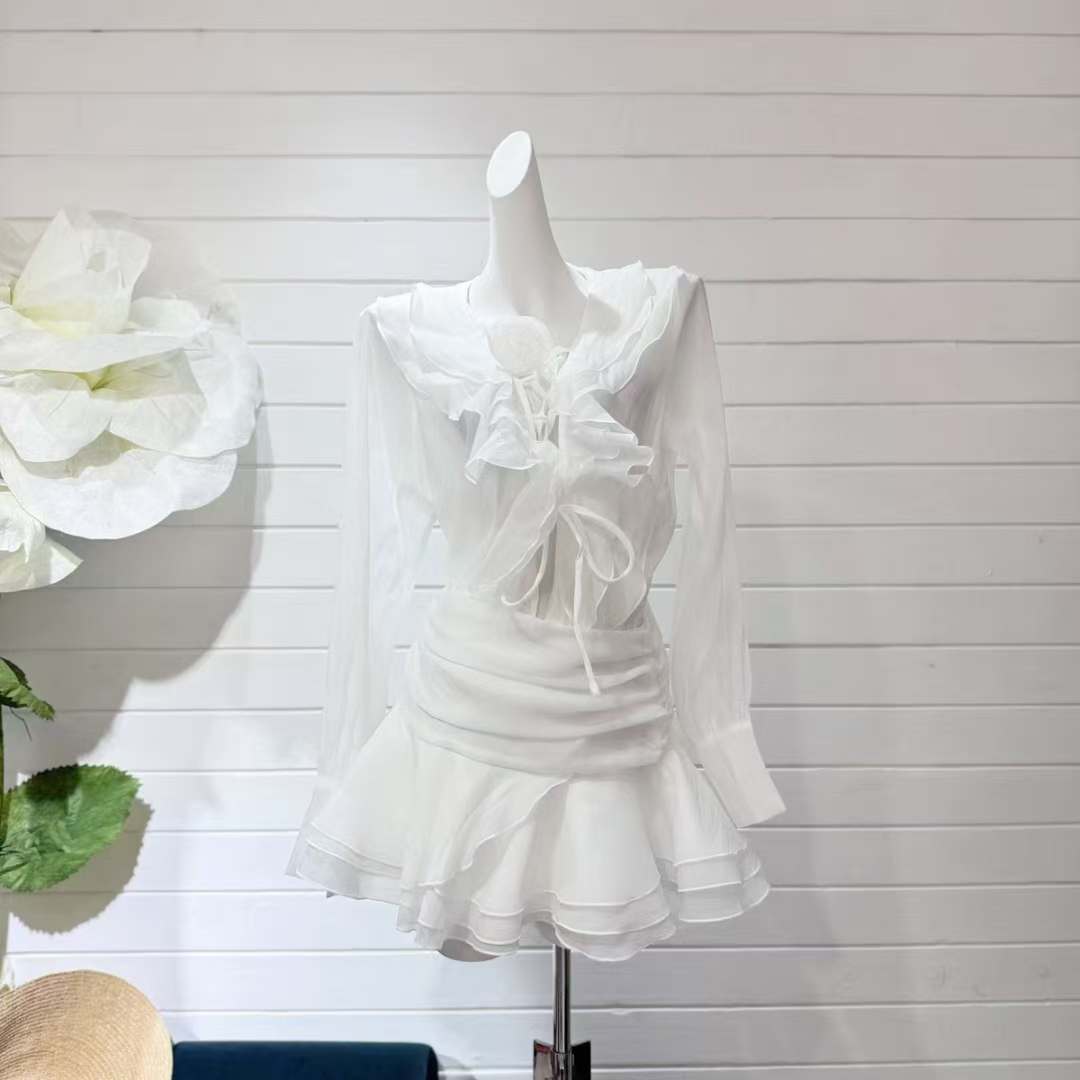 French style small fragrance set for women's early spring high-end French chiffon shirt with ruffled edges and high waist skirt two-piece set