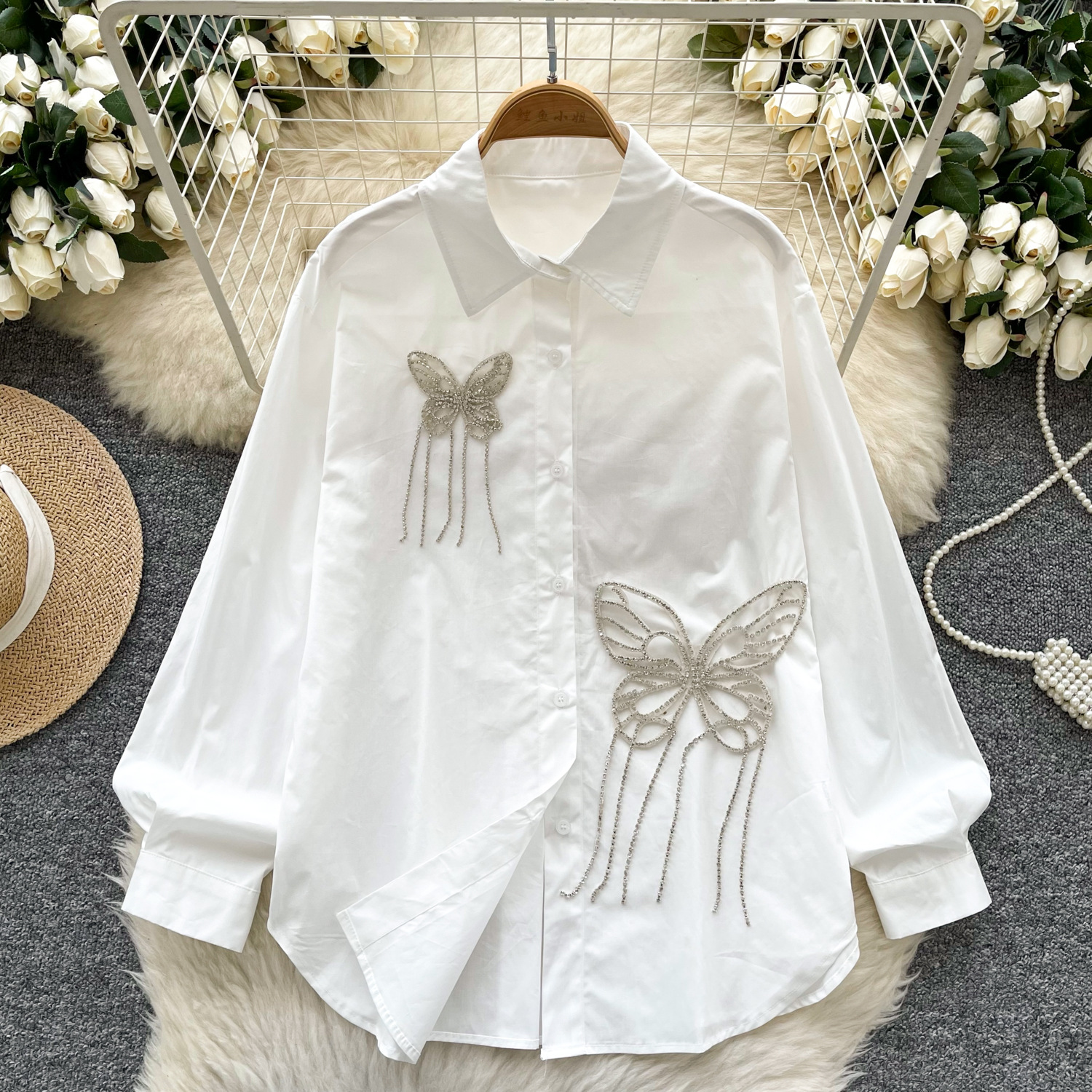 Yangqi Heavy Industry Diamond inlaid Butterfly tassel Decorative Shirt for Women, French Loose and Slim, Versatile, Unique Spring Top for Women