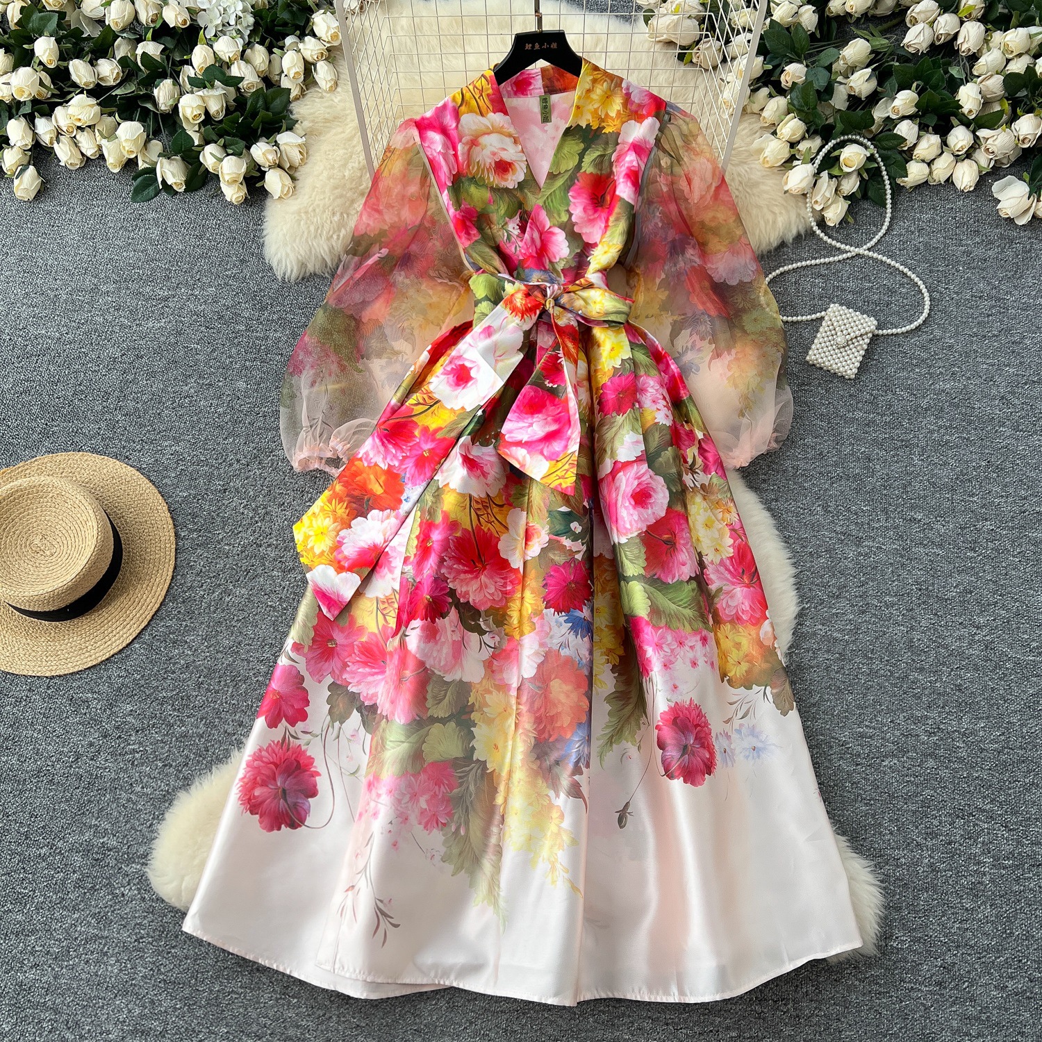 Spring 2025 Palace Style V-neck Strap Waist Mesh Lantern Sleeves Printed Slimming Large Swing Long Dress