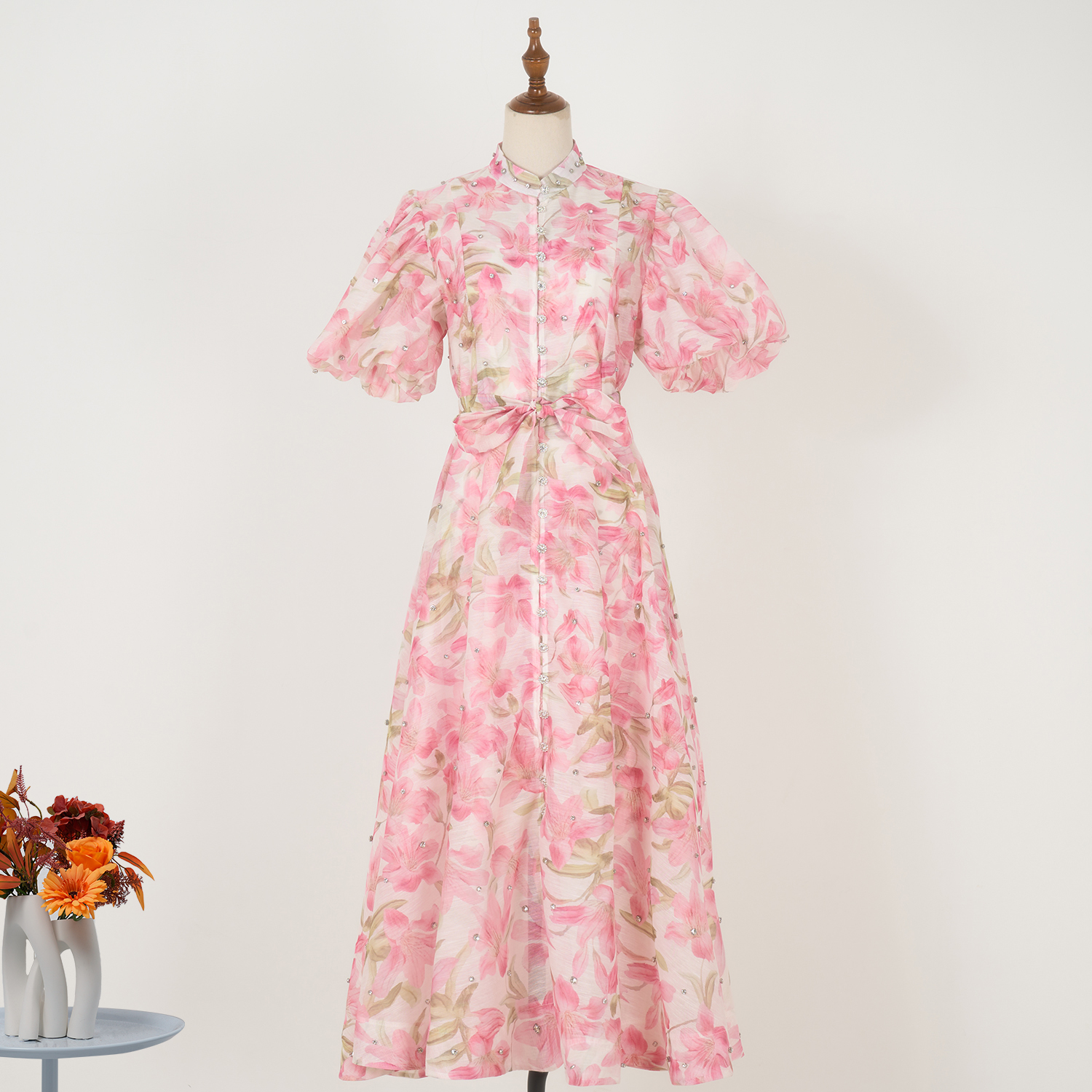 Real time spot court style fashion show, high-end design, heavy industry nail drill short sleeved single breasted jumpsuit, long skirt+suspender